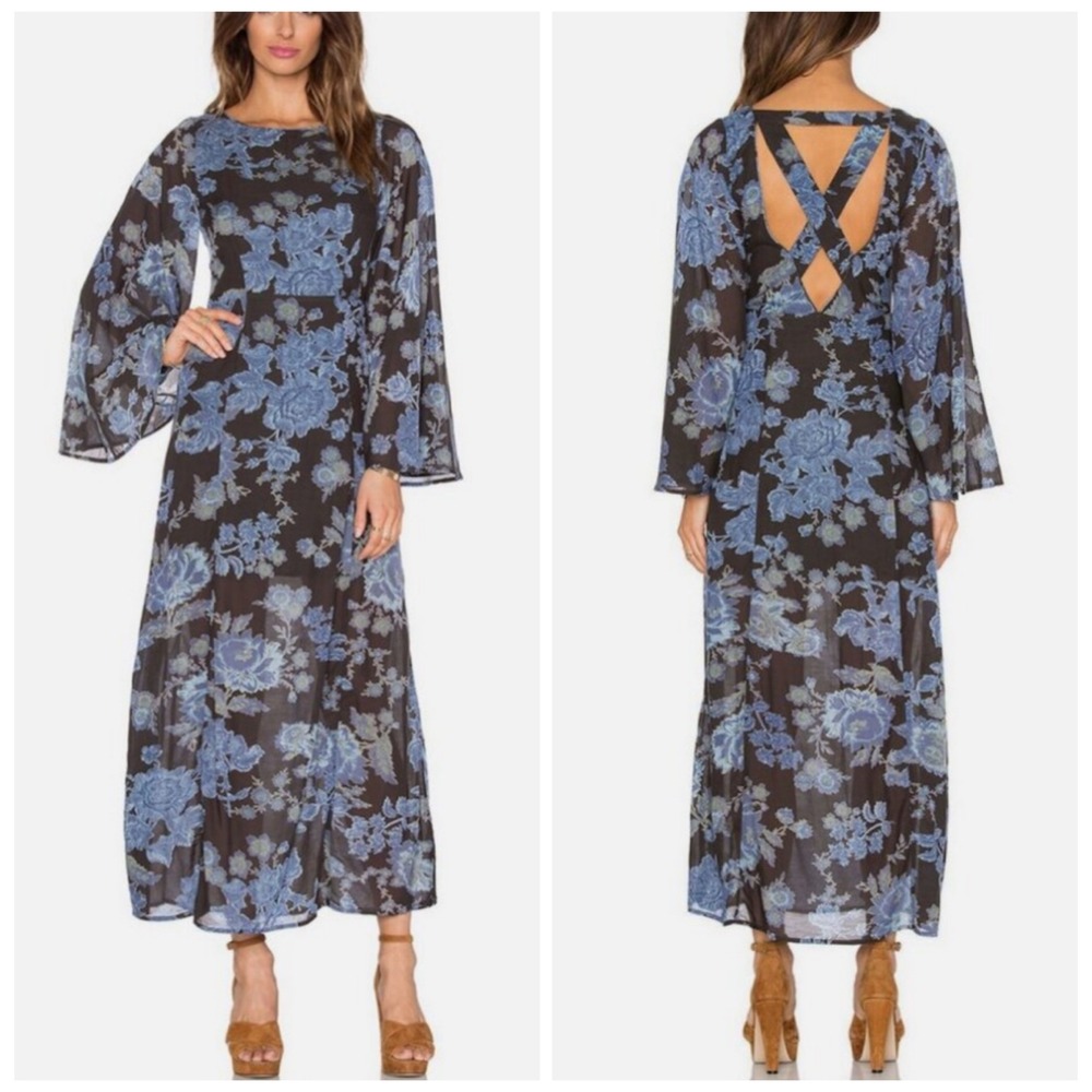 Free People Melrose Floral Bell Sleeve Maxi Dress Brown Blue V Back Size 0